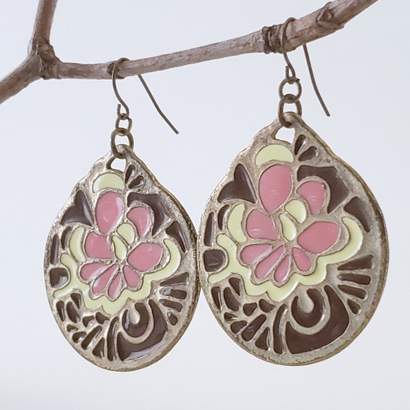 Metal Embossed Discs With Enamel Floral Inlay Dangly Earrings - Picture 2 of 5